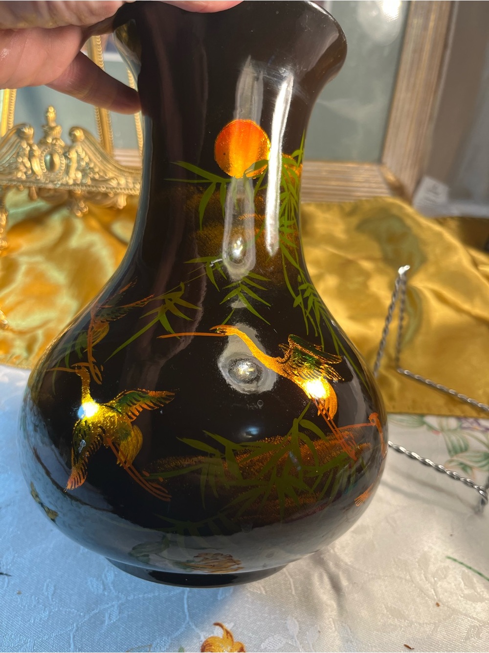 Black  Vase with Gold & Green Crane Motif